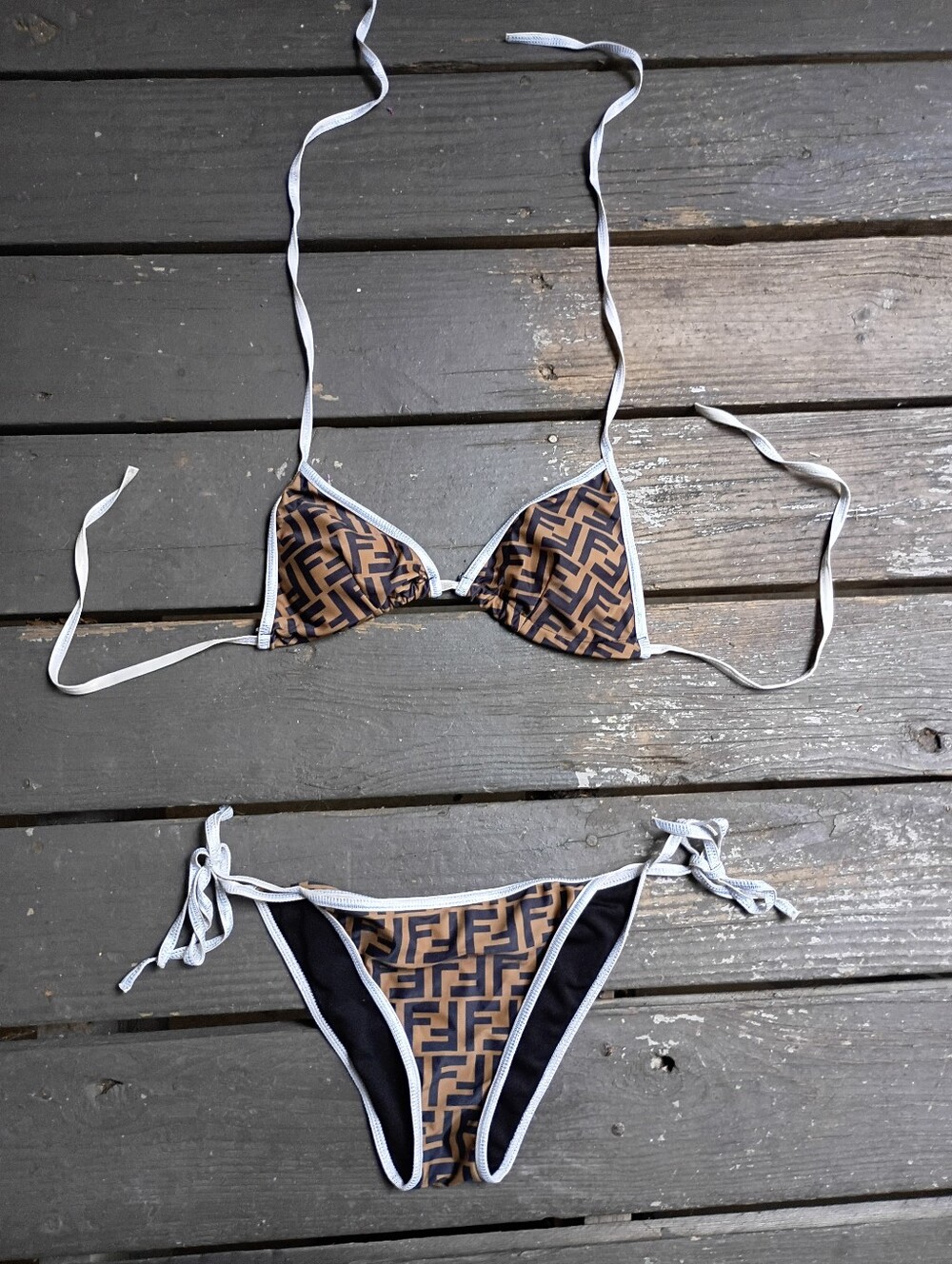 Fendi Brown and Black FF Logo Triangle Bikini Set Size Medium
